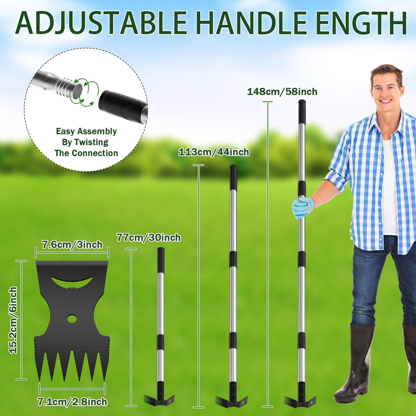 Ukiupop Weed Puller Tool with Long Handle – 2-in-1 Handle Garden Hoe and Weed Rake, Hoe Garden Tool for Home Gardens, Lawns, and Yards