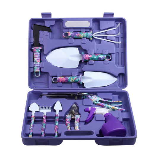 Garden Tools Set, JUMPHIGH 10 Pieces Gardening Tools with Floral Print, Ergonomic Handle Trowel Rake Weeder Pruner Shears Sprayer, Garden Hand Tools with Carrying Case Gardening Gifts for Women Father
