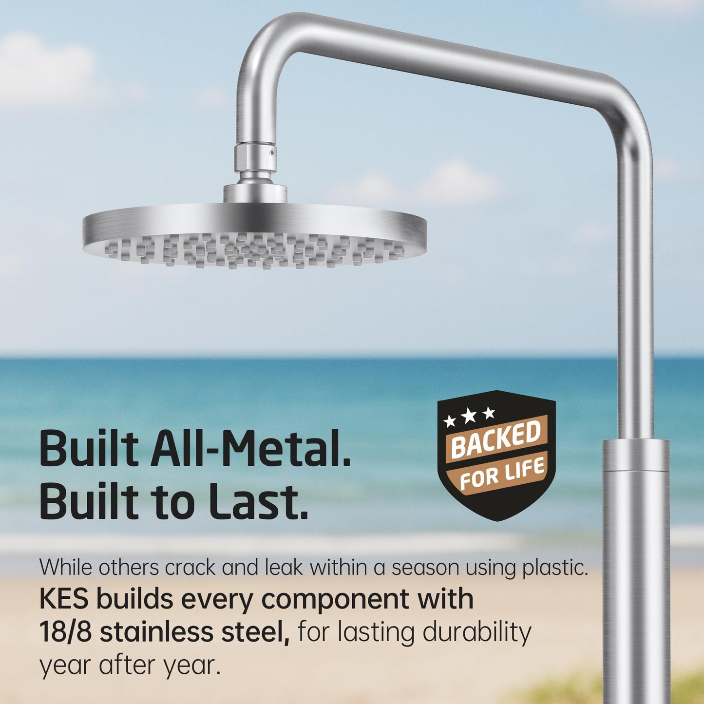 KES Natural Marble Outdoor Shower with Weighted Base, Freestanding Poolside Rain Shower Head & Foot Rinse, 3/4" Brass Hose Adapter, Anti-tip Strap & Ground Stake, 18/8 Stainless Steel, ODS200F18-BS