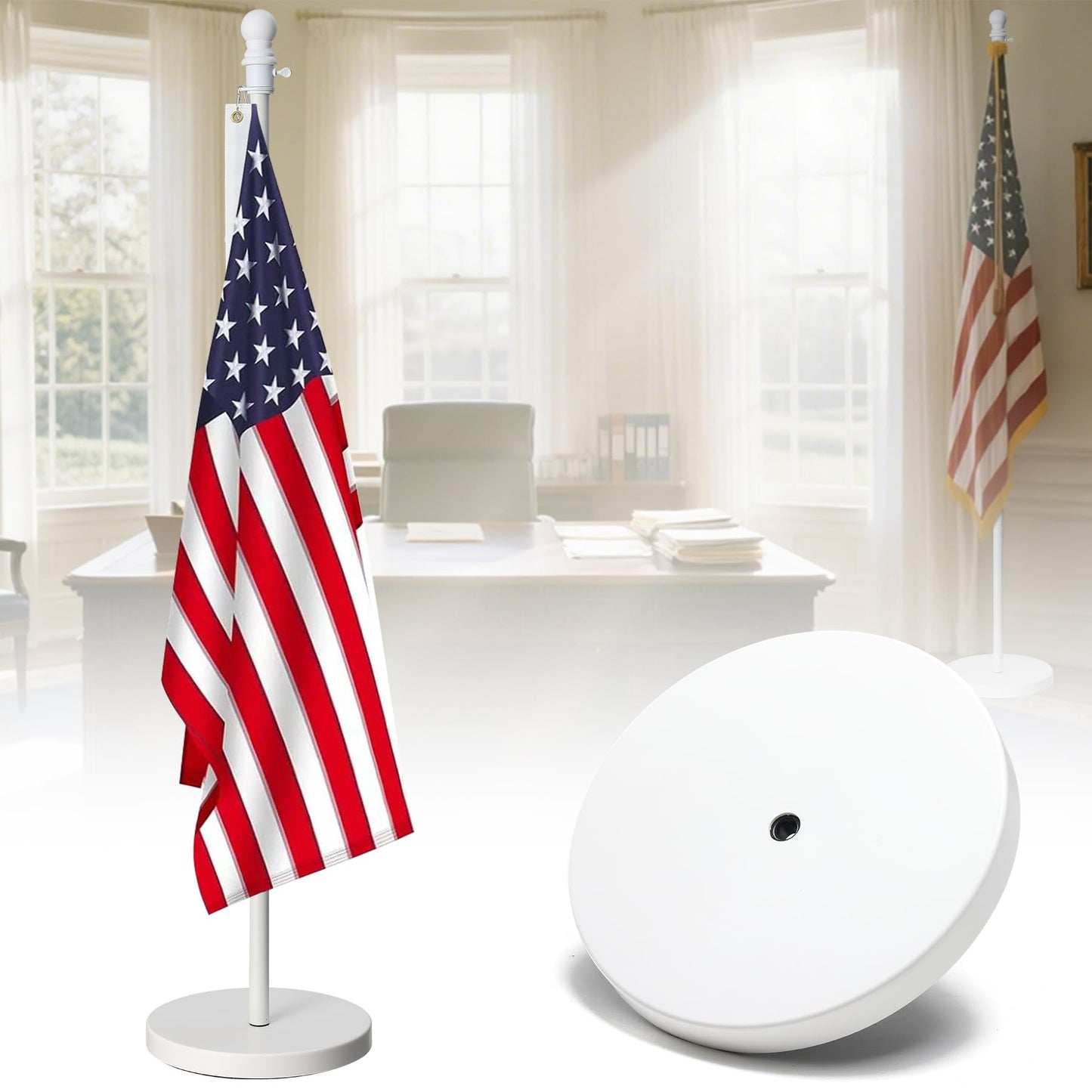 Flag Stand Indoor - 1" Heavy Duty Metal Flag Pole Set with Base,6-8ft Adjustable,Portable & Free Standing For Office,Meeting Room,Classroom,Entry Area,Outdoor Porch Deck (White)