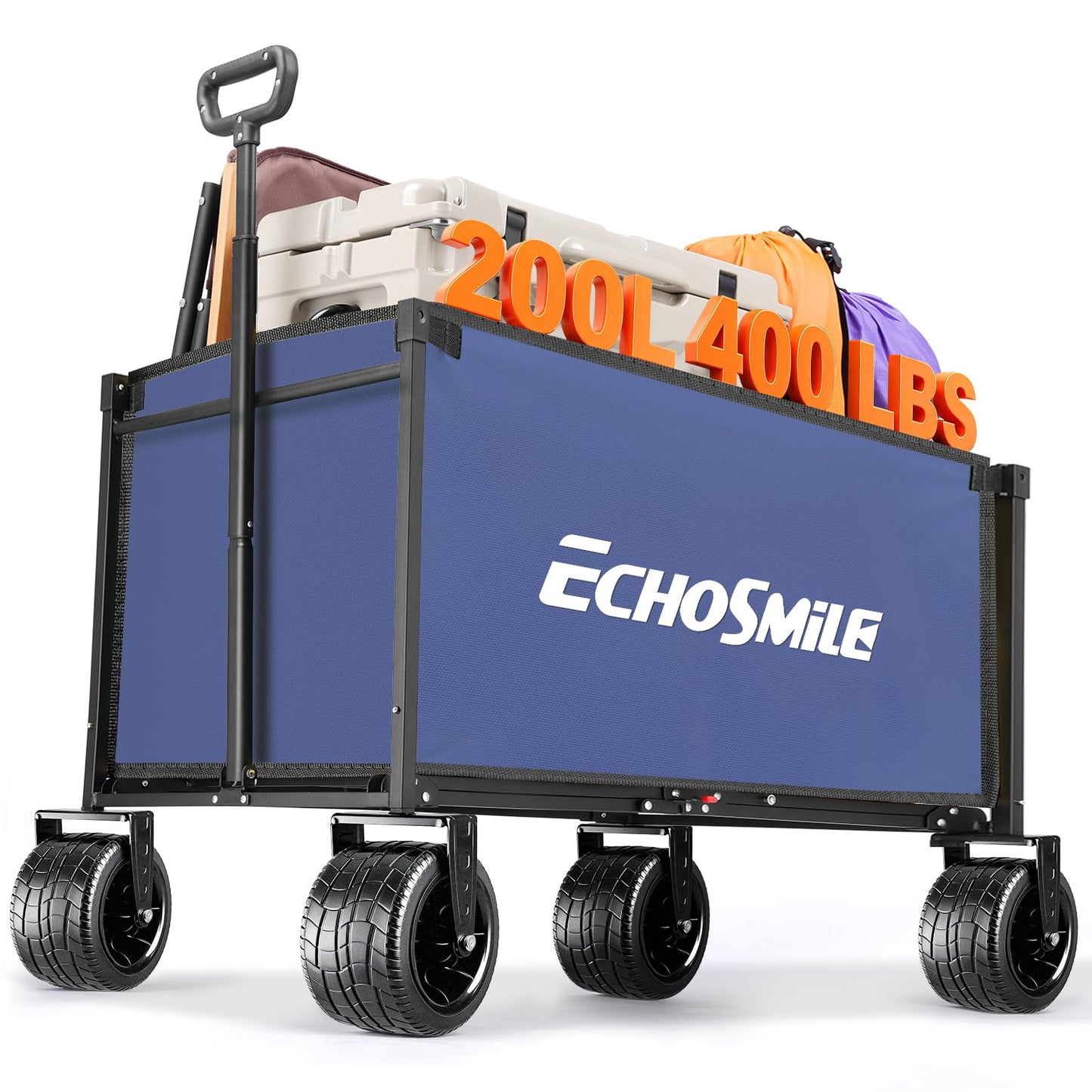 EchoSmile Collapsible Wagon Cart for Camping & Beach - Heavy Duty 400lbs Capacity All-Terrain Cart with Wide Wheels, Portable Folding Utility Wagon for Grocery, Garden, Sports,Blue&Orange