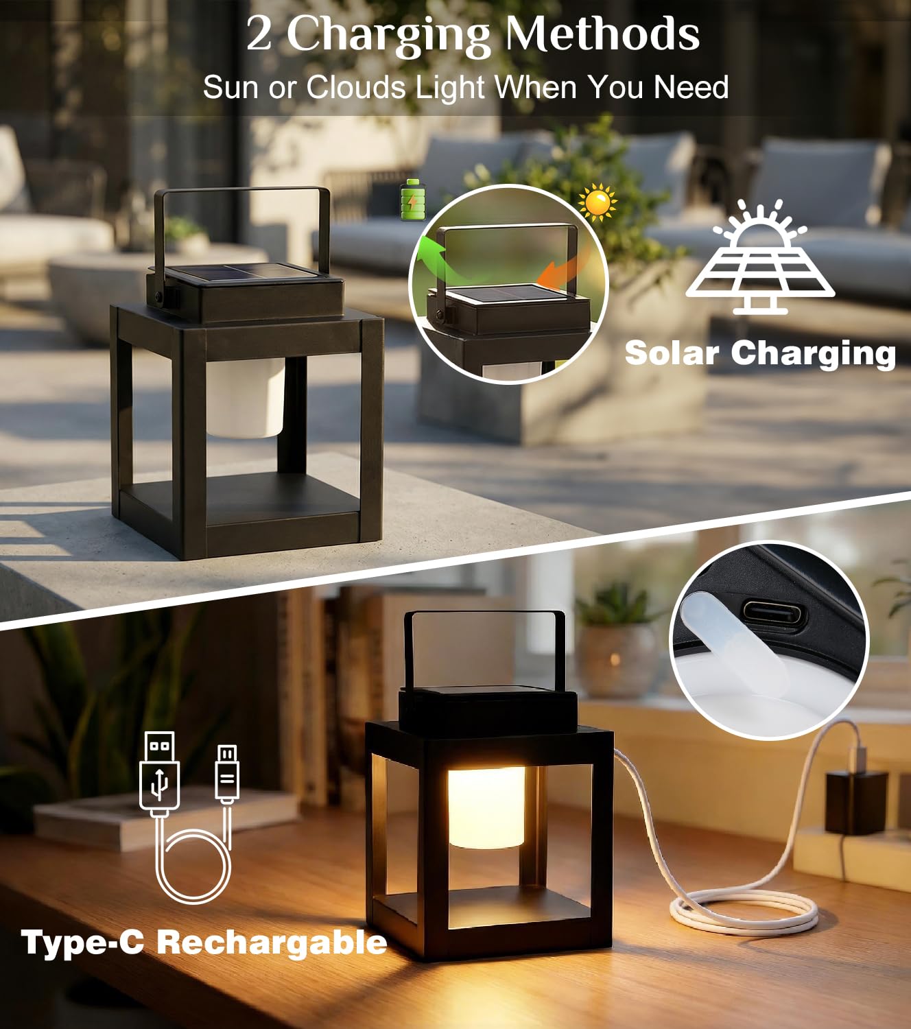 Solar Lantern Outdoor Table Lamp - Portable Hanging LED Lights, Dural Rechargeable Waterproof Decorative Lights for Patio Camp