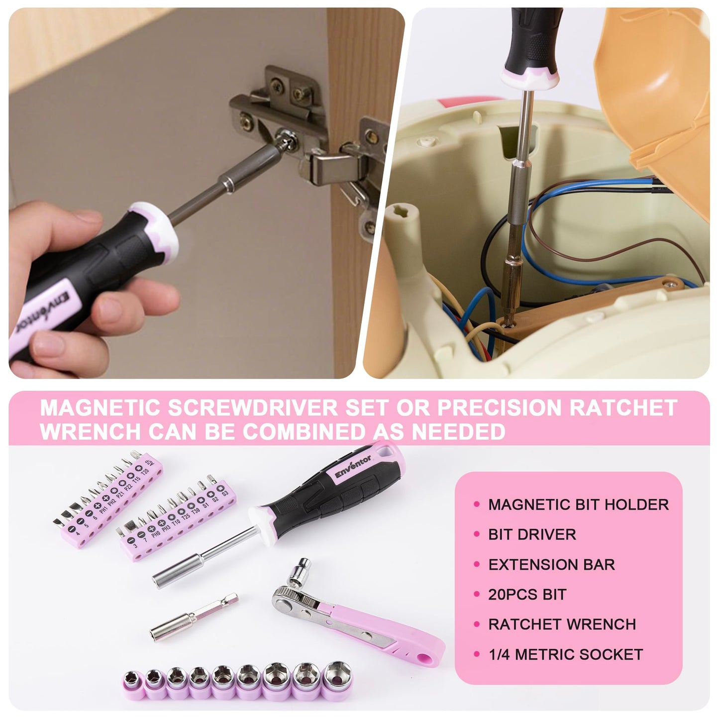 Enventor Pink Tool Kit Set for Women, 146PCS General Household Hand Tool Kit with Storage Toolbox, Ladies Small Basic Tool Kits for Home Maintenance, DIY Projects