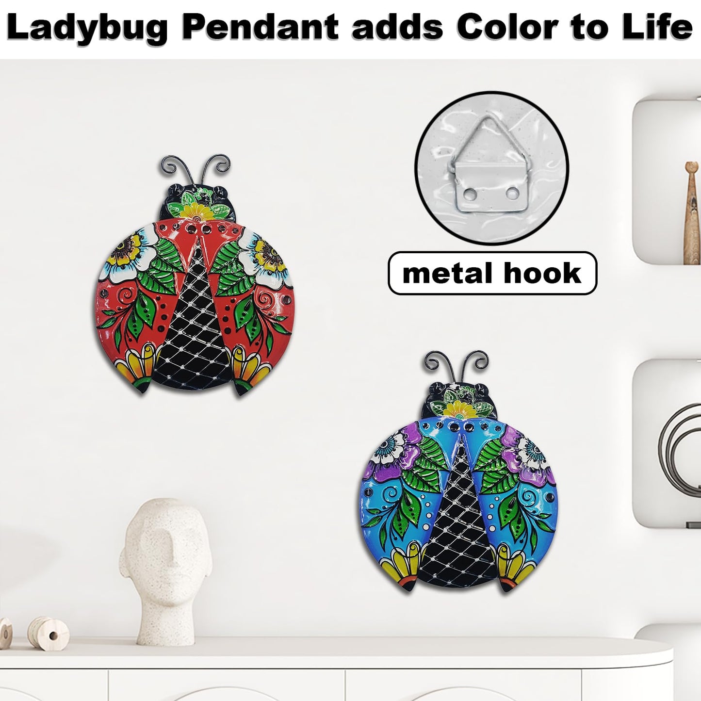 John's Studio 2Pcs Metal Ladybug Wall Decor Outdoor Garden Hanging Art Sculptures Home Ocean Theme Decorations for Kitchen Bathroom and Pool