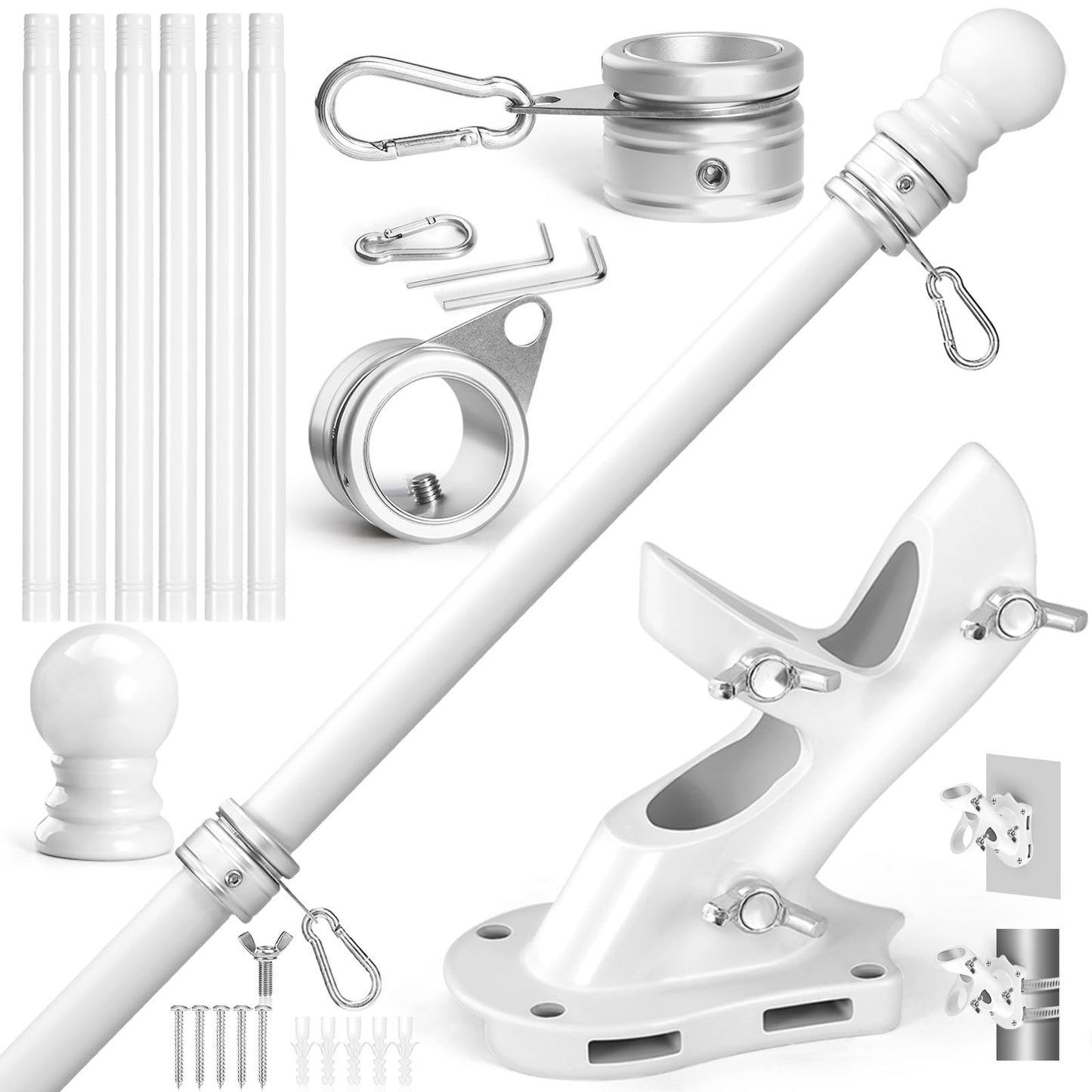 Anovo Flag Pole Kit- Upgraded Holder, Stainless Steel 7 FT Flag Poles with1 Inch Metal 360° Rotating Flag Pole Rings Two-Position Flag Pole Bracket Mounting for Outside House Porch (7 FT - White)