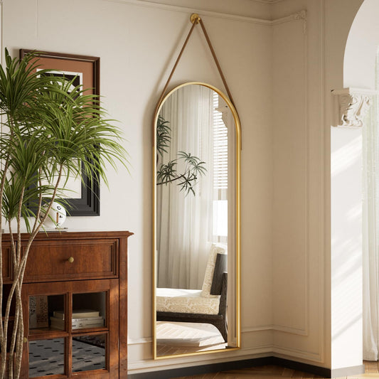 Easly 16''x48'' Arched Full Length Mirror, Hanging Mirror for Wall with Leather Strap, High-Definition Aluminum Alloy Frame for Bathroom Bedroom Entryway Decor, Gold