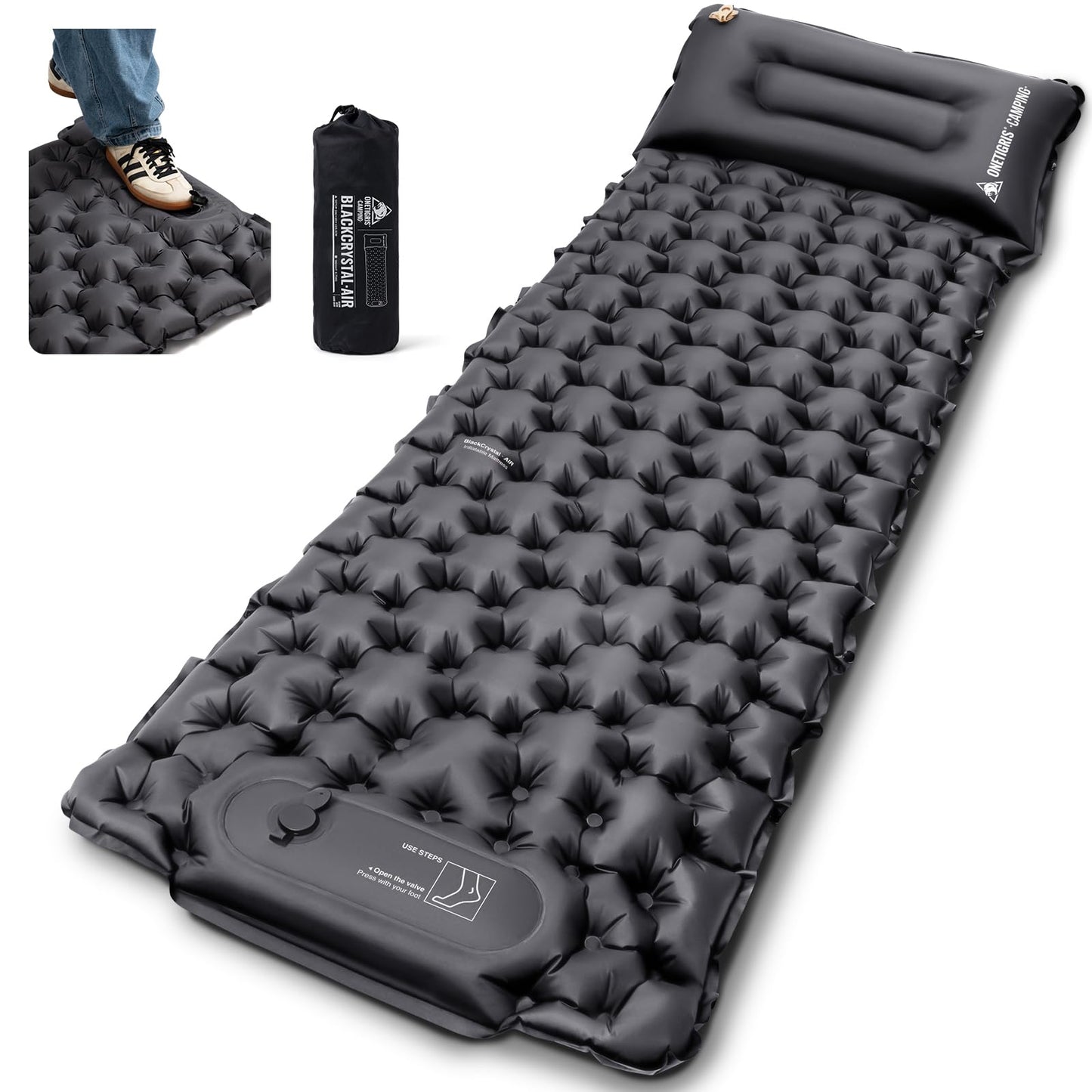 ONETIGRIS Blackcrystal Sleeping Pad, Ultralight Camping Sleeping Pad with Pillow Built-in Foot Pump Inflatable Sleeping Mat Compact for Camping Backpacking Hiking Traveling Tent