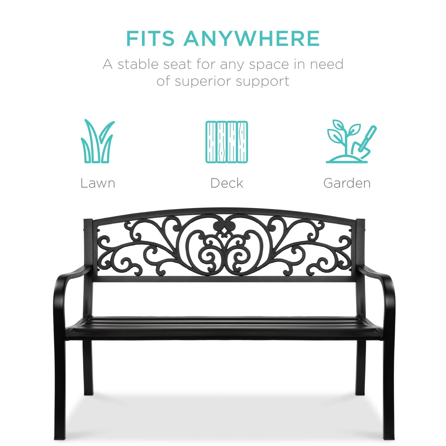 Best Choice Products Outdoor Bench Steel Garden Patio Porch Furniture for Lawn, Park, Deck w/Floral Design Backrest, Slatted Seat - Black