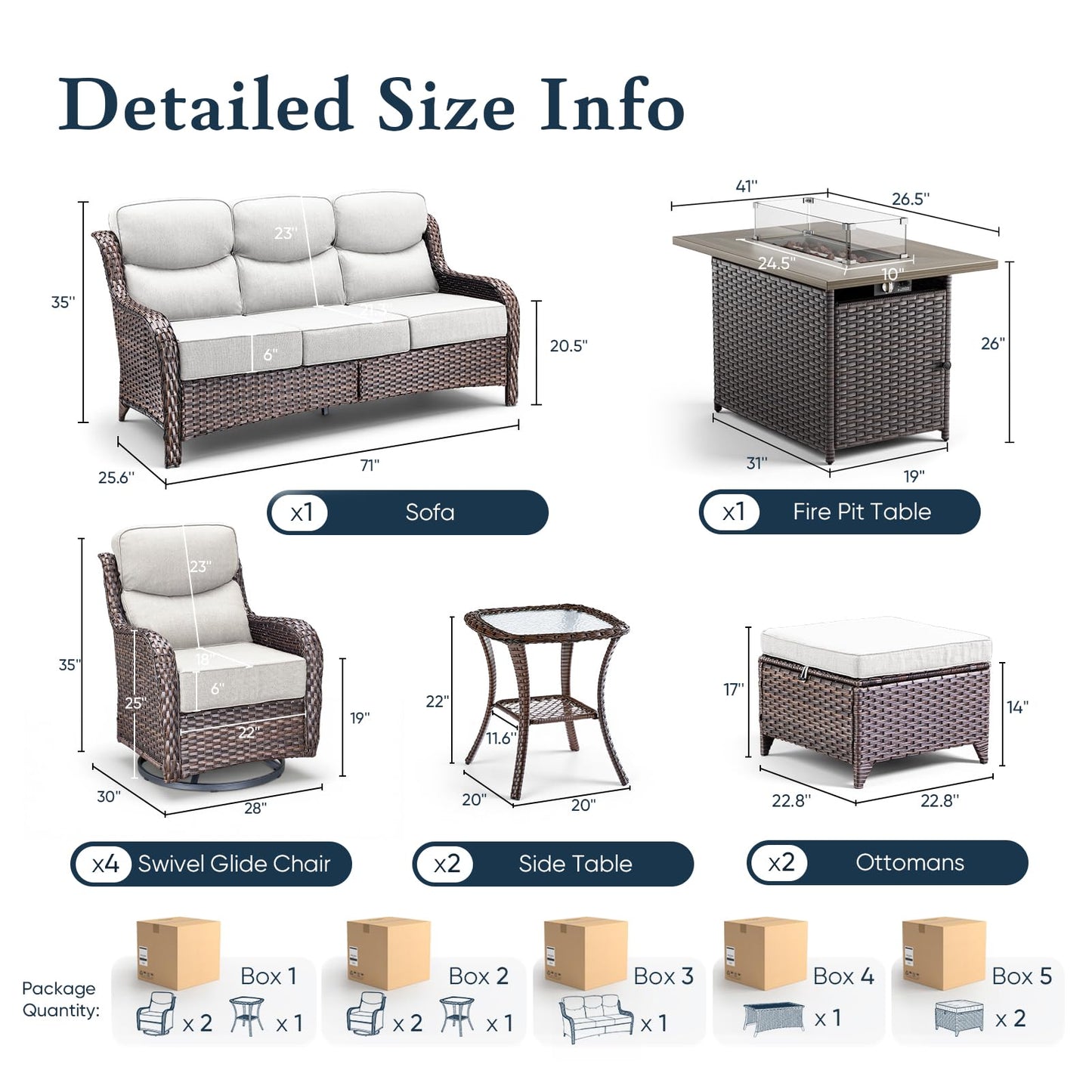 Belord Luxury 6" Thick Cushioned 10 Pieces Patio Furniture Set with Fire Pit Table, Wicker Outdoor Conversation Set with High Back Swivel Rocker Chairs for Deck Porch Yard and Poolside - Brown+Beige
