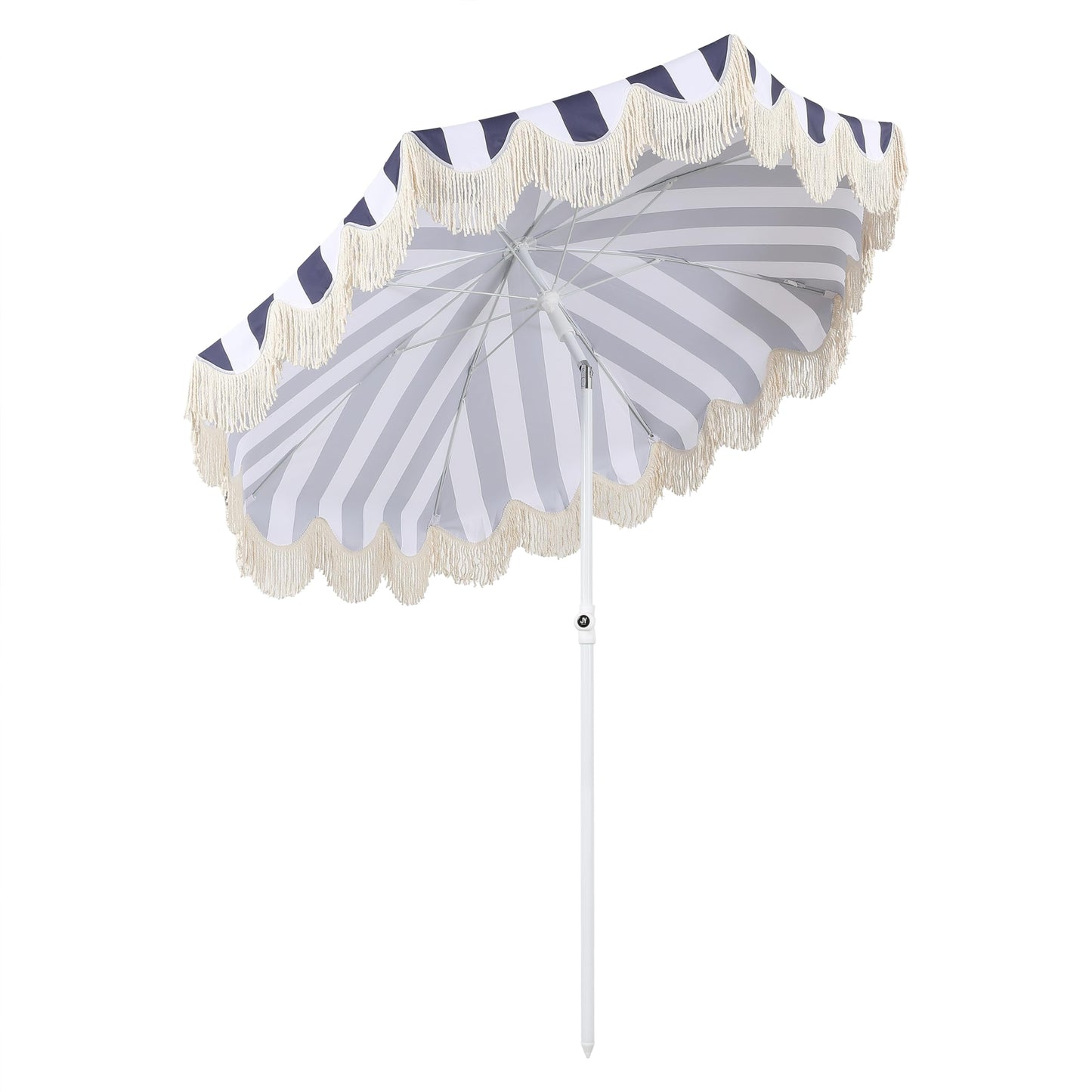 JONATHAN Y UMB1003N Mariner 6.5 ft. Cottage Fringe Tassel Market Beach Umbrella with Push Button Tilt, Wind Vent and UV Protection, and Matching Carry Bag in Navy and White Stripe/Cream, White Pole