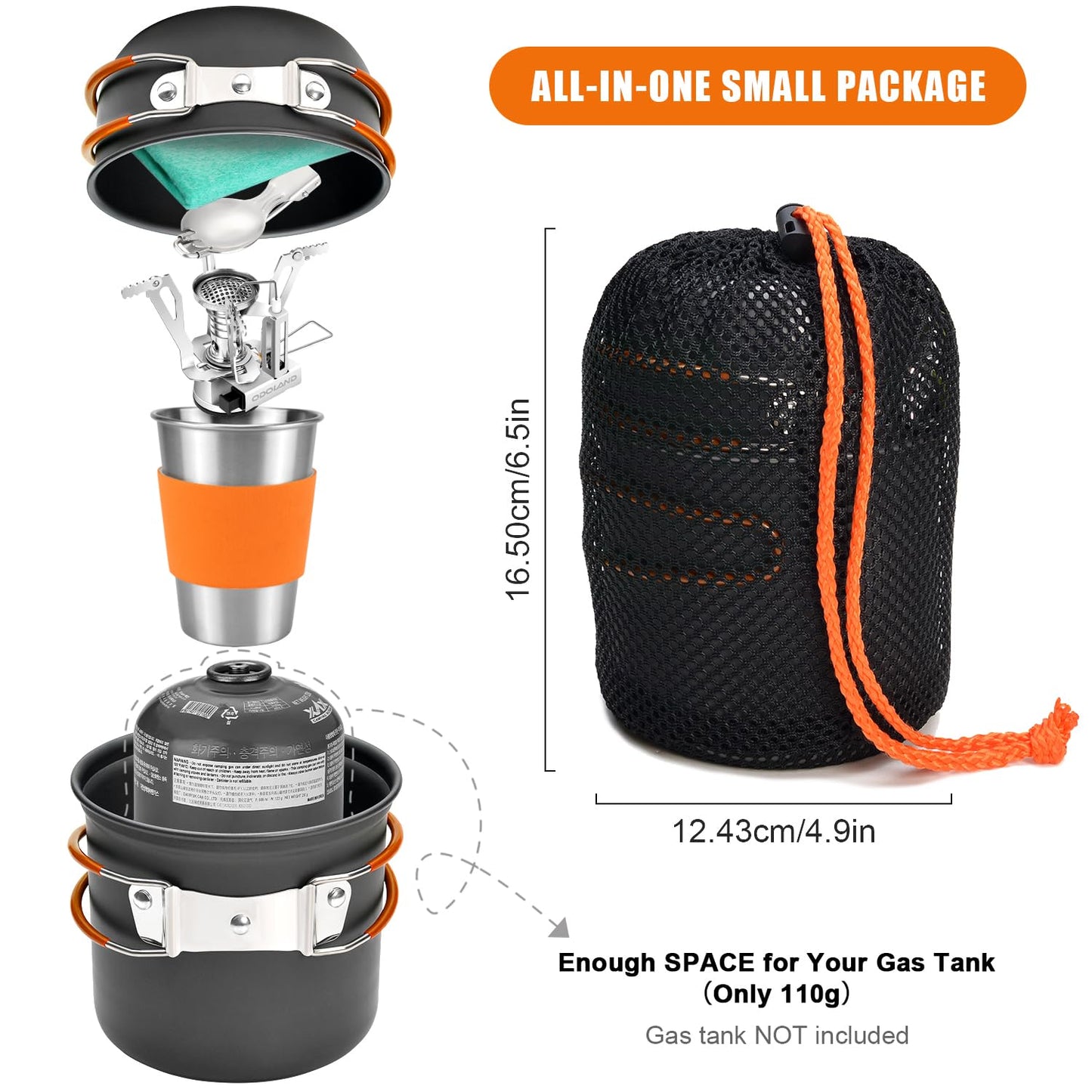 Odoland Camping Cookware Stove Carabiner Canister Stand Tripod and Stainless Steel Cup, Tank Bracket, Fork Spoon Kit for Backpacking, Outdoor Camping Hiking and Picnic,Orange
