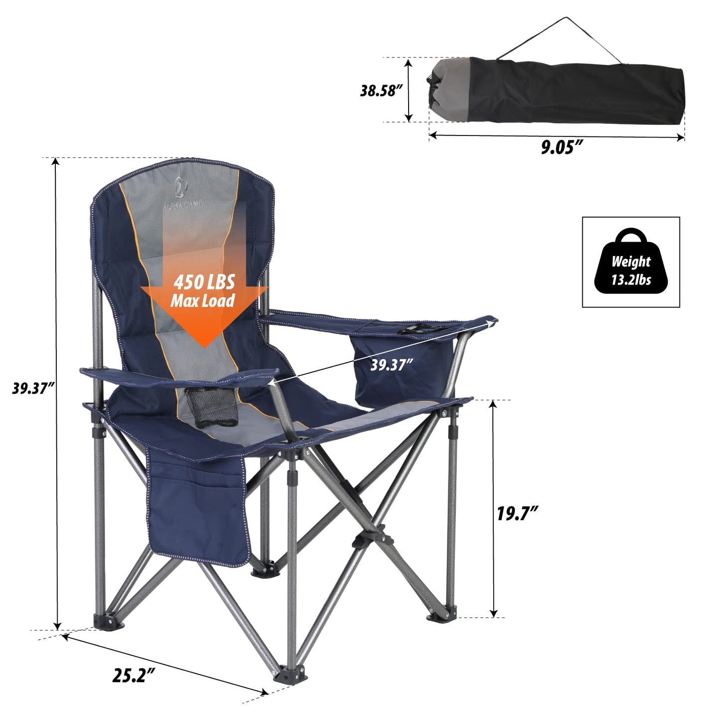 Oversized Folding Camping Chair for Adults, Heavy Duty Portable Lawn Chairs with Cooler Bag, Side Pocket & Cup Holder, Folding Chairs for Outside Support 450 LBS Outdoor Chair