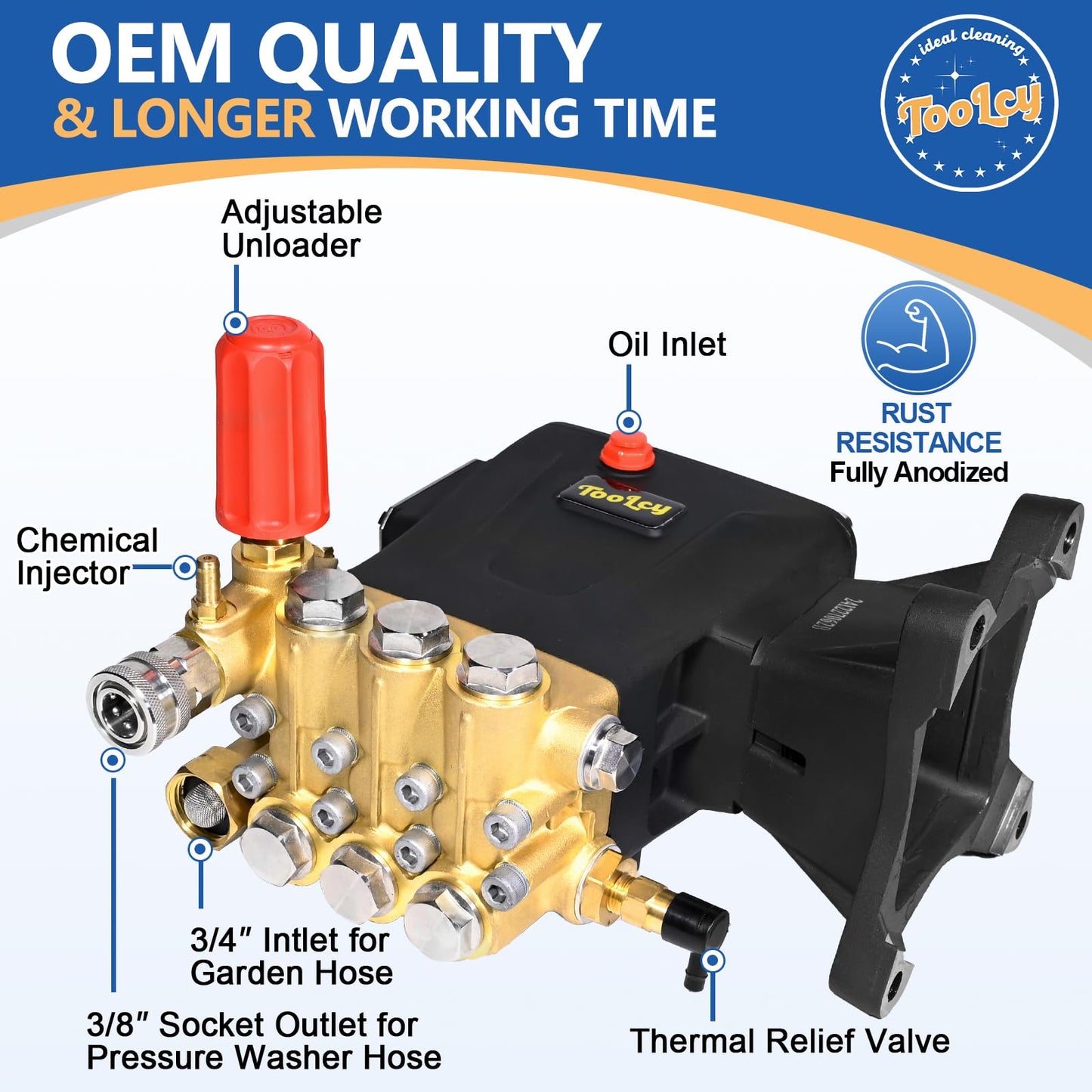 TOOLCY Pressure Washer Pump 3600-4400 PSI Max, 4 GPM Triplex Plunger Pressure Pump, Horizontal 1 inch Shaft Gas Power Washer Pump with Pressure Adjustment Unloader, Direct Drive