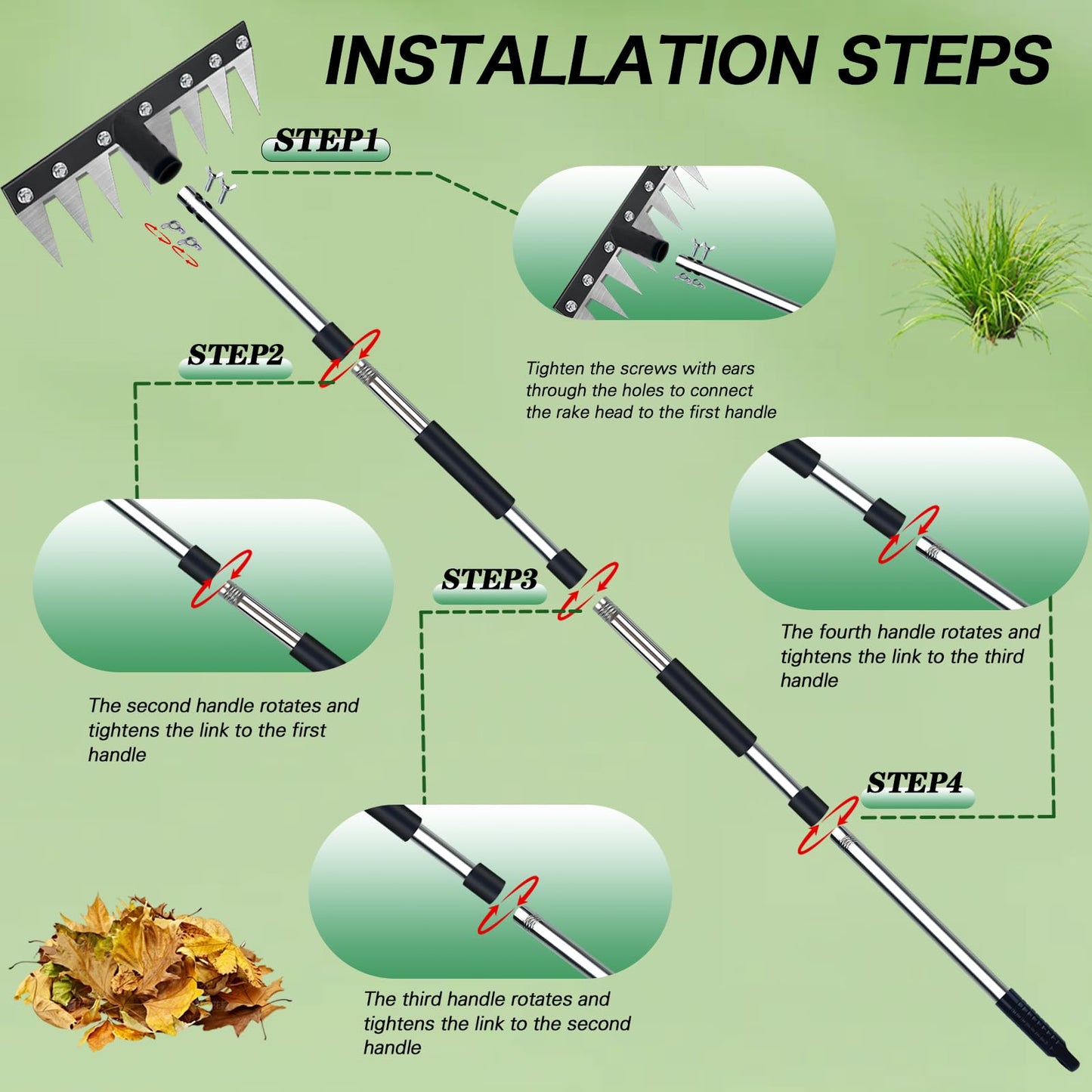 Upgraded 8 Tines Stainless Steel Weeding Tool, Thickened Version Manual Weeder Rake, Weeder Rakes with Adjustable Length Handle, Garden Weed Puller Tool for Weeding Loosen The Soil and Collect Fallen