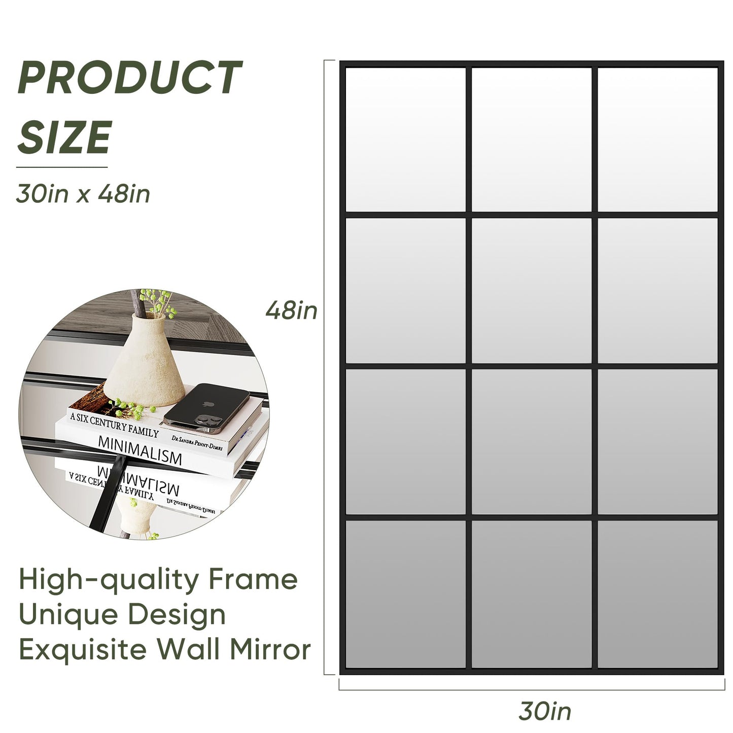 Suidia Wall Mirror, 30" x 48" Window Decorative Mirrors, Metal Framed Wall Decor Wall-Mounted Mirrors for Bedroom, Living Room, Entryway, Black