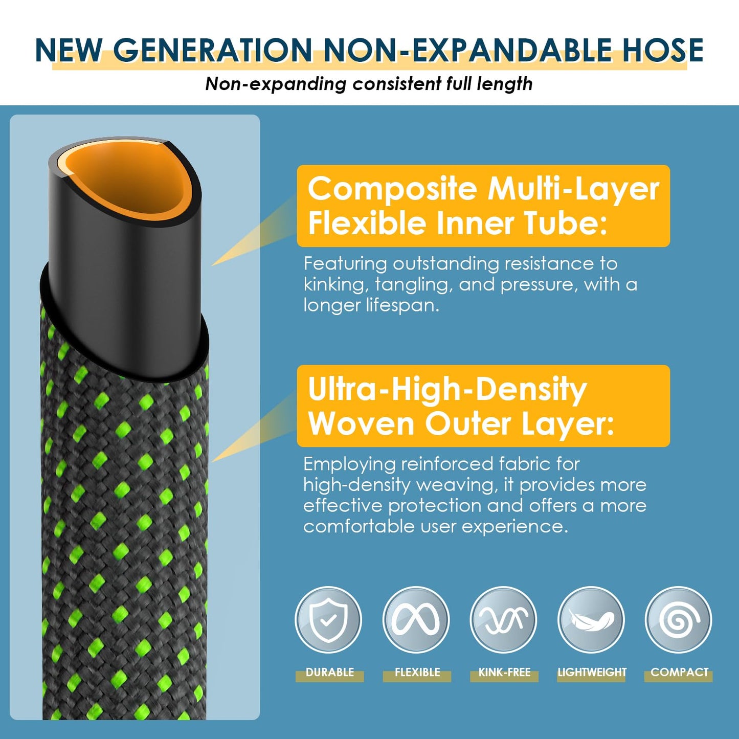FLOERXIS Non-Expandable Garden Hose 100 FT, Lightweight Hose with 10 Function Spray Nozzle, Kink-Free Flexible Water Hose, Durable, Leak-Proof, 360° Swivel Connectors, Portable Storage Strap