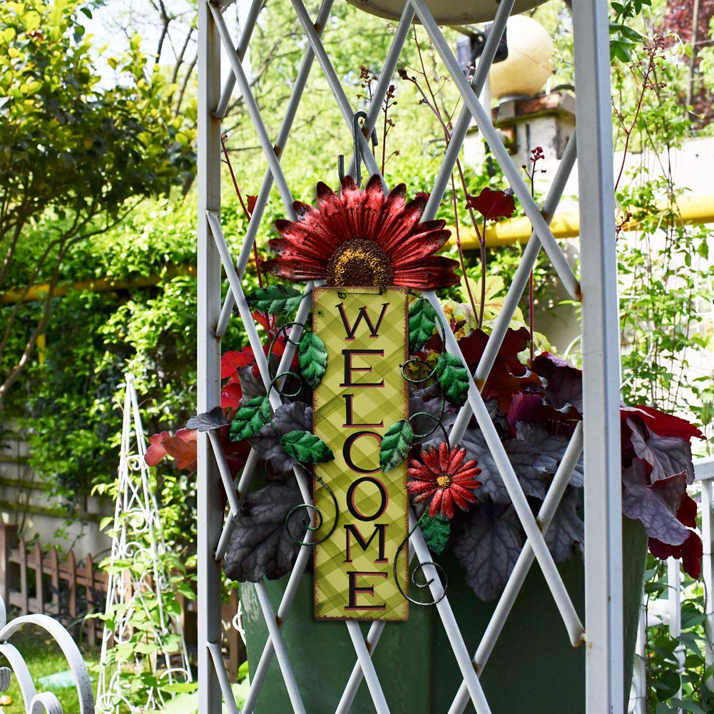 E-view Metal Welcome Sign Rustic Wall Hanging Plaque - Decorative Welcome Flower Signs for Porch Front Door Farmhouse Home Decoration Garden Themed Wreath Ornament (Red)