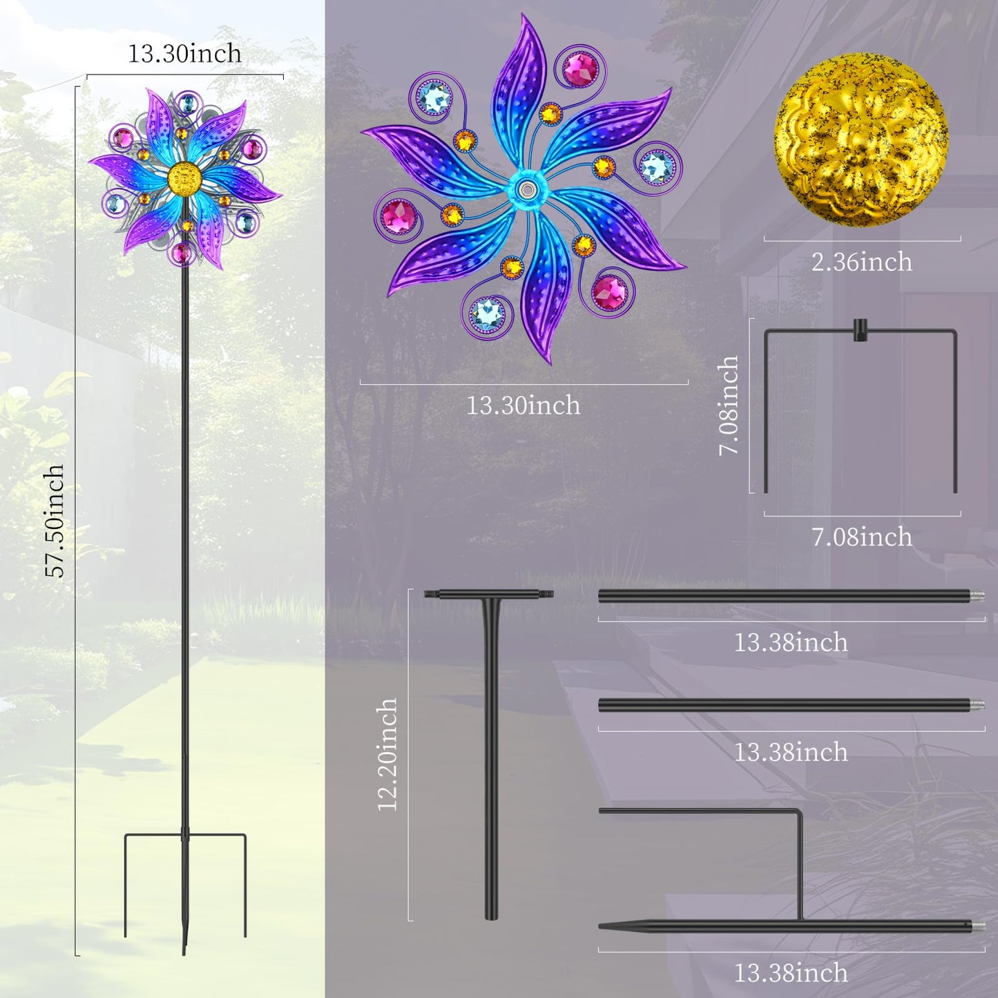 Jusimux Metal Wind Spinner Outdoor, Purple Flowers Wind Sculpture Spinners with Metal Stake, Yard Art Decor for Patio, Lawn & Garden, Creative Gifts 57.5 * 13.3 Inch