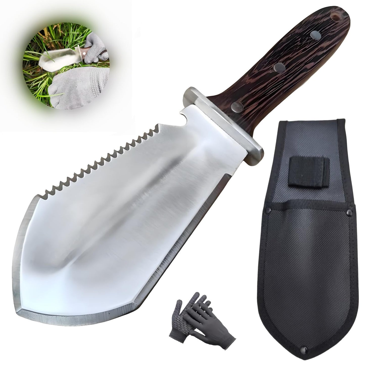 Hori Hori Garden Knife, Garden Tools with Sheath for Weeding,Planting,Digging, Stainless Steel Blade with Cutting Edge, Full-Tang Wood Handle with Hanging Hole
