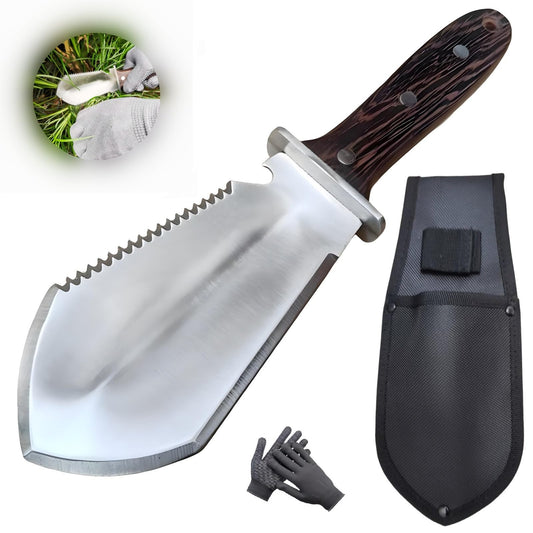 Hori Hori Garden Knife, Garden Tools with Sheath for Weeding,Planting,Digging, Stainless Steel Blade with Cutting Edge, Full-Tang Wood Handle with Hanging Hole