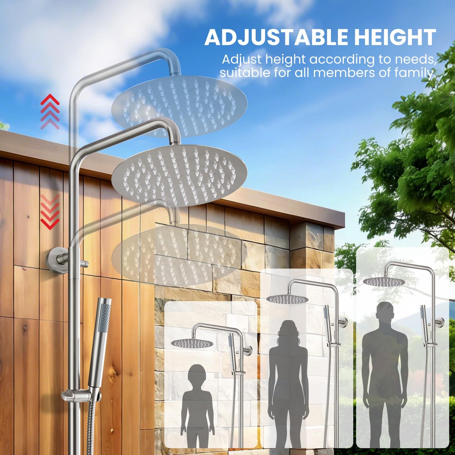 gotonovo Outdoor Shower Fixtures SUS304 Stainless Steel Rain Shower Kit Faucet High Pressure Wall Mount 2 Dual Function 8 Inch Showerhead and Handheld Spray Combo, Single Handle, Brushed Nickel
