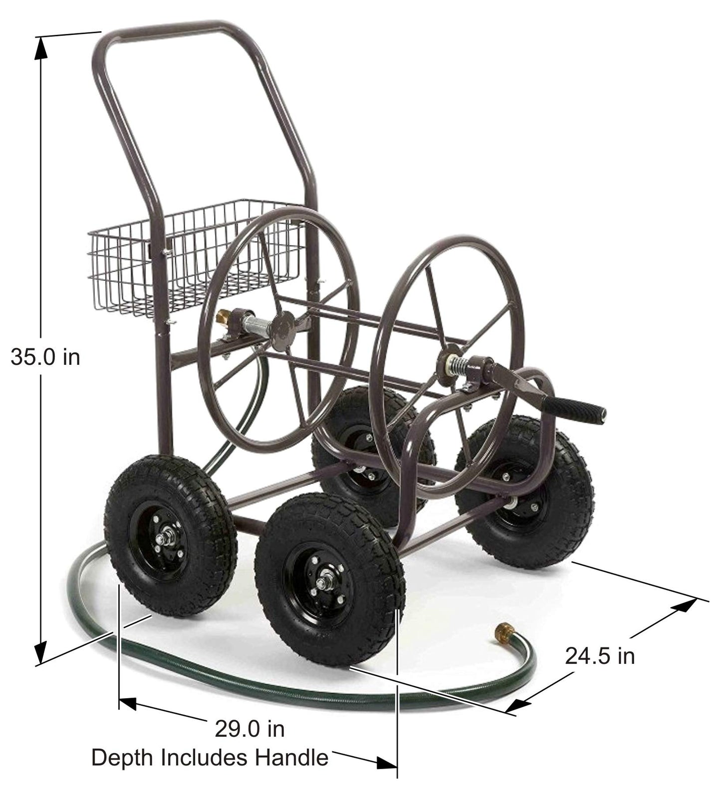 Liberty Garden Residential Grade Four Wheel 250 Foot Capacity Steel Frame Water Hose Reel Cart with Basket for Backyard, Garden, or Home, Brown, Bronze