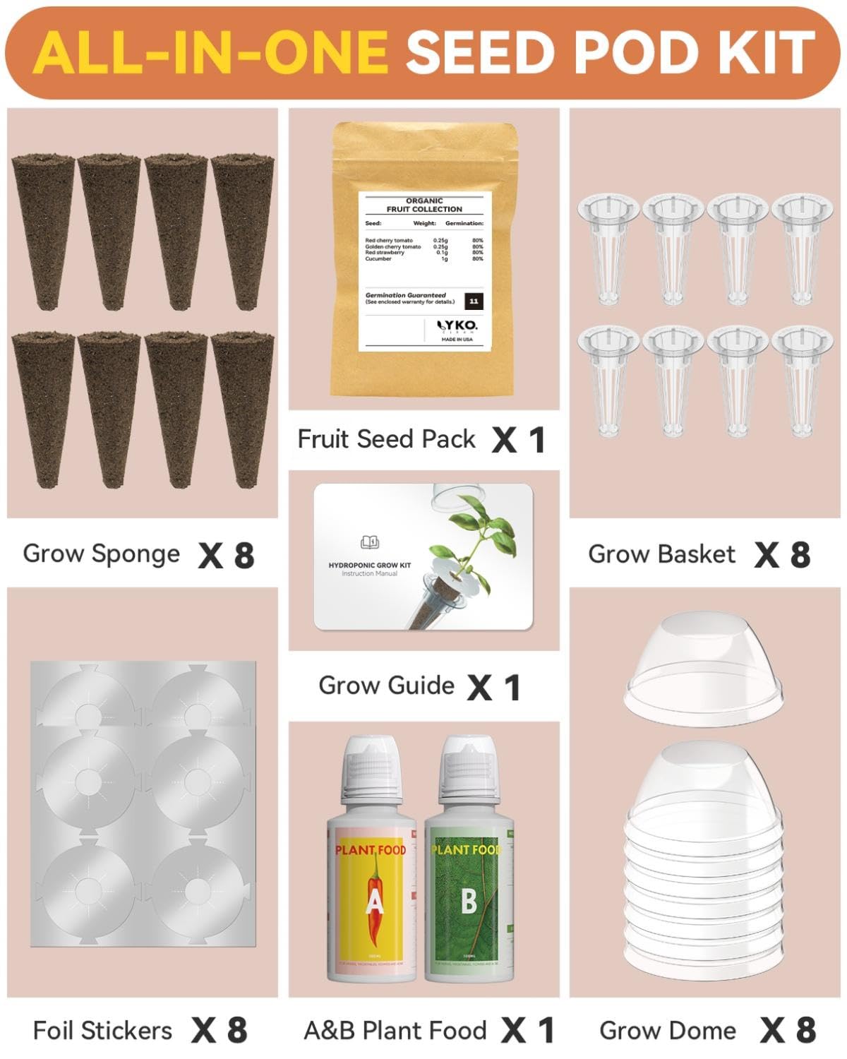 LYKOCLEAN Fruits Seed Pod Kit for AeroGarden, Ahopegarden, iDoo, GARDENCUBE, MUFGA with Strawberry, Cucumber, Red/Golden Cherry Tomato, Compatible with All Indoor Hydroponics Growing System, 8-Pod