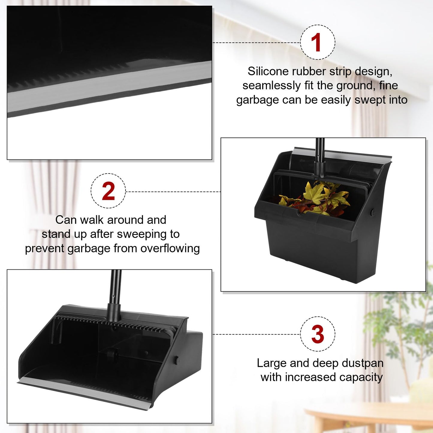 Leumoi 20 Pcs Dust Pans with Long Handle Set 36.6 Inch Commercial Dust Pan with Comb Large Plastic Stand up DustPans for Outdoor Indoor Restaurant Home Office Floor Cleaning (Black)