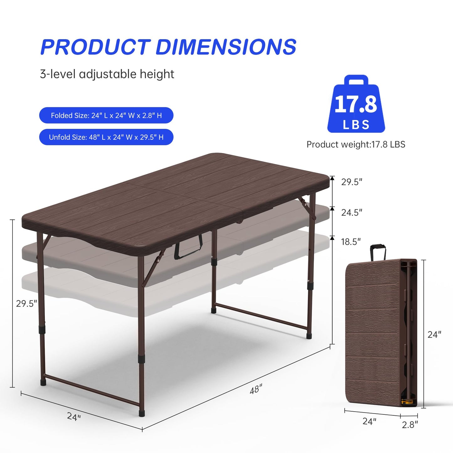 VSOAEIL Folding Table 4 Foot for Indoor Outdoor, Portable Heavy Duty Fold-in-Half Utility Small Plastic Adjustable Height Folding with Carrying Handle for Picnic Camping and Party, Brown