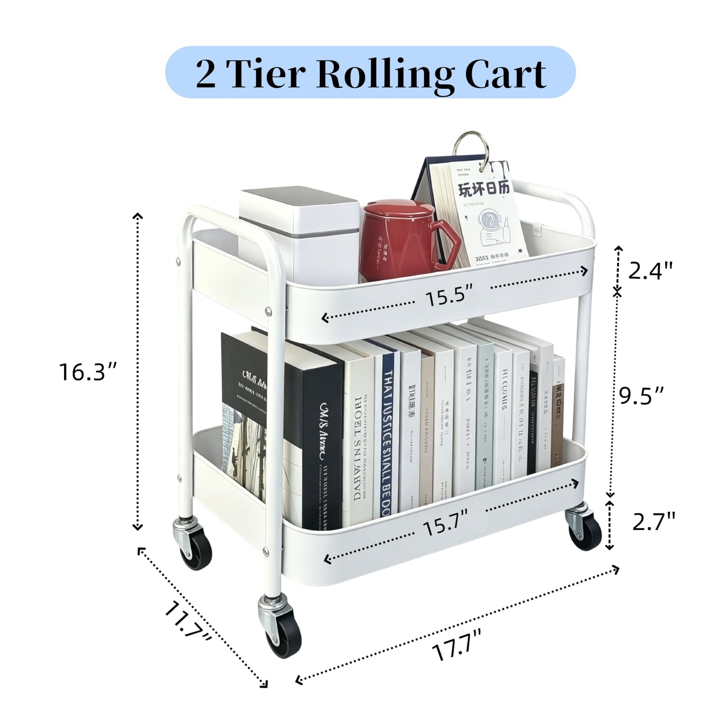 LIWNYRK 2 Tier Metal Rolling Cart with Wheels for Under Desk Storage & Pantry Storage, High Load-Bearing Kitchen Utility Cart for Small Space, Laundry Room Organization Side Table with 4 Hooks, White