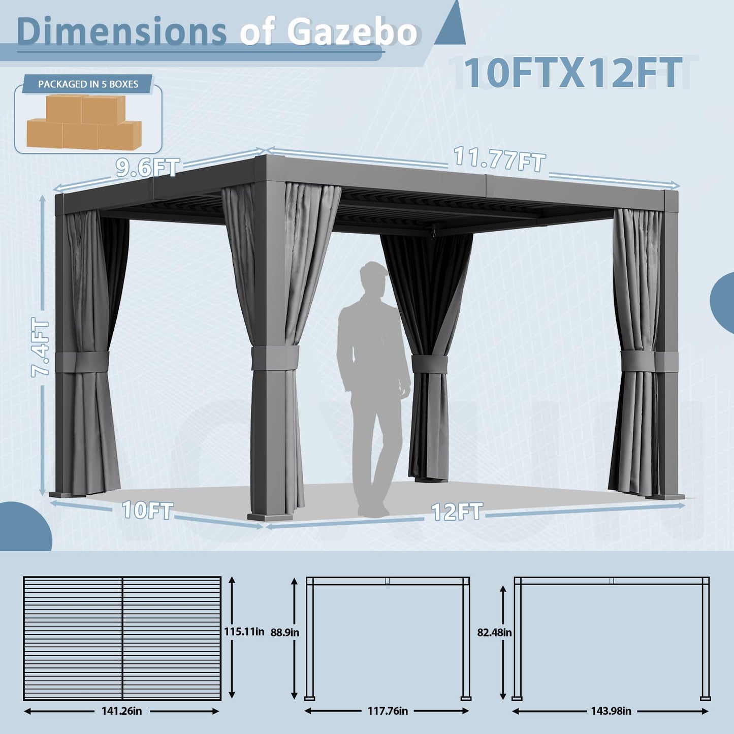 Aoxun Louvered Pergola 10 x 12ft Outdoor Aluminum Pergola with Adjustable Roof for Gardens, Decks and Backyards, Gray