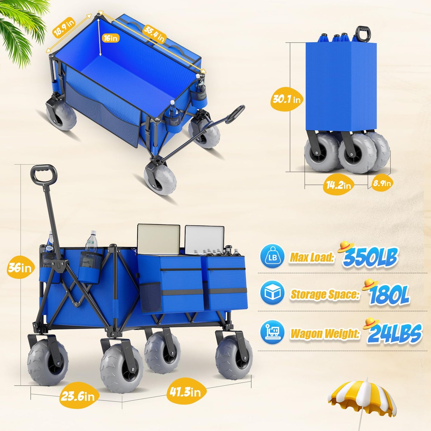 Beach Wagon with Big Wheels for Sand, 350lbs Heavy Duty Folding Wagon, Oversized 180L, 9" PVC All-Terrain Wheels, Adjustable Handle, Cooler & Storage Bags for Beach, Camping, Garden & Outdoor Sports
