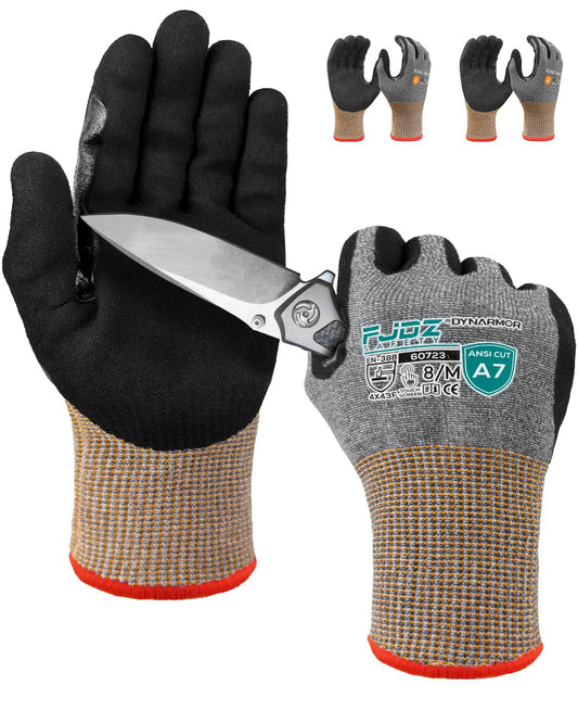 FJDZ SAFETY ANSI A7 Cut Resistant Gloves, 3 Pairs Touchscreen Cutting Gloves with Sandy Nitrile Coated Firm Grip for Wood Work,Warehouse, Handle Glass, Gardening, Construction, Fishing(Gray,X-Large)