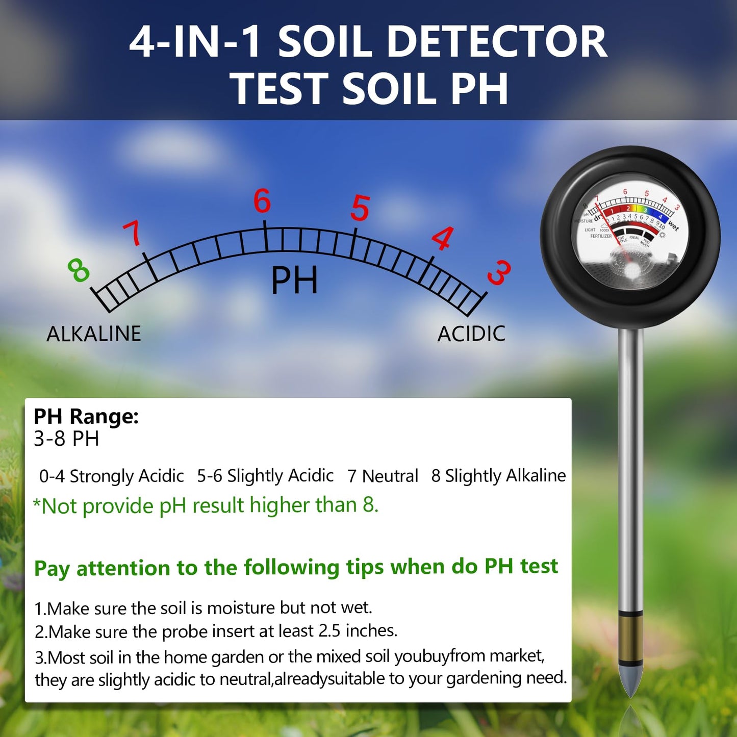 Vitamicor 4-in-1 Soil Tester, Battery Free Plant Moisture Meter with PH/Moisture/Light Test/Fertilizer, Soil PH Meter for Garden, Lawn, Potted Plants, Farm (90° Rotation)