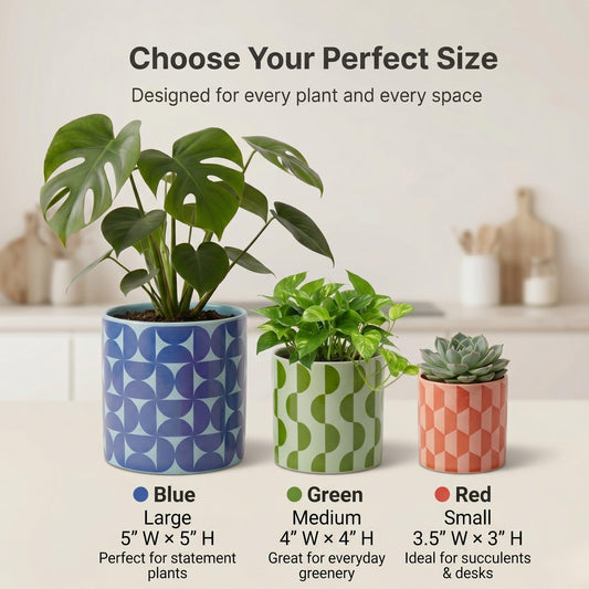 Original Earthlings Ceramic Plant Pots for Indoor Plants, Set of 3 Geometric Planters with Drainage Hole & Saucer, Colorful Decorative Flower Pots for Succulents, Home Decor, Modern Boho Style