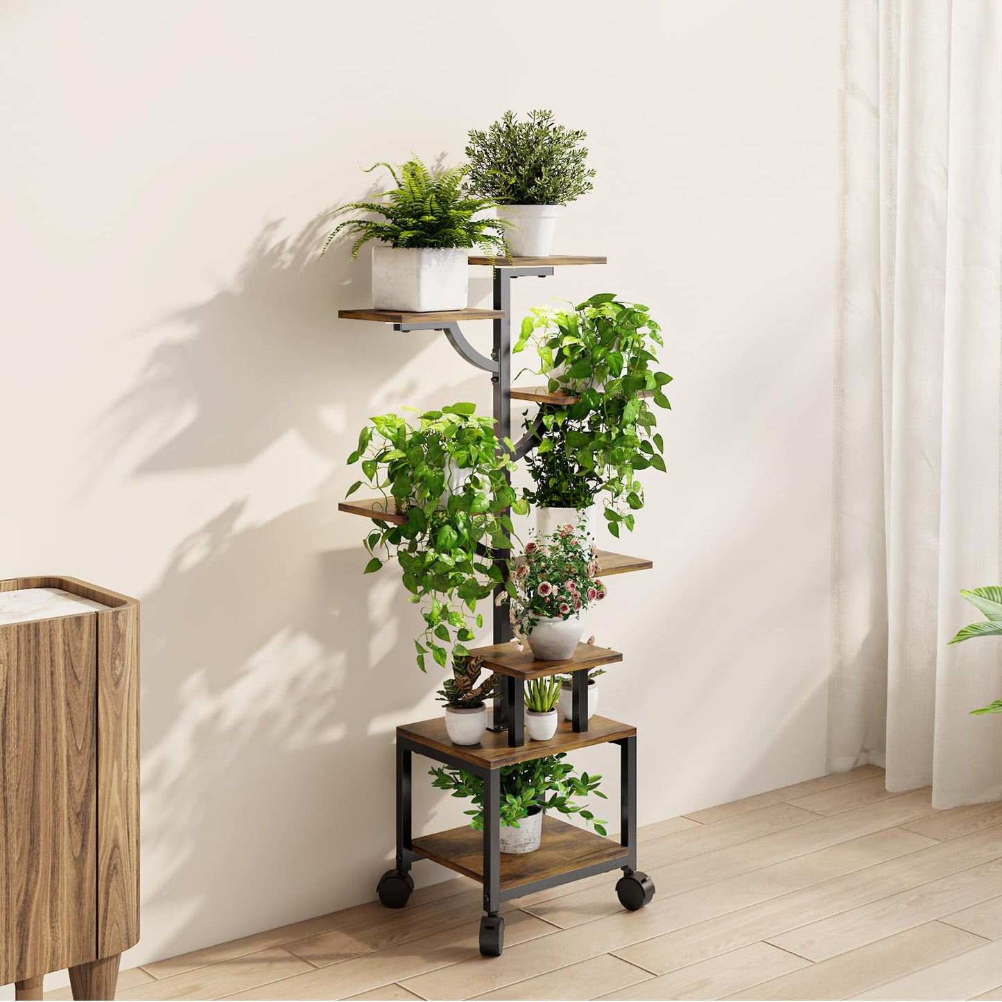 Plant Stand Indoor with Grow Lights - 7-Tier Plant Stand with Wheels, Tall Metal and Wood Indoor Plant Shelf with Tree Design, Rolling Flower Pot Holder Rack with Waterproof Finish, Adjustable Display Stand for Home Garden, Patio, 41" Tall