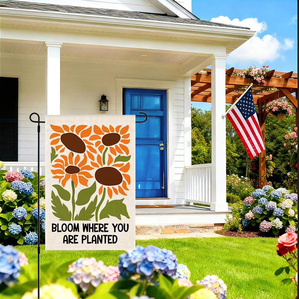 RZHV Bloom Where You are Planted Double-Sided Garden Flag for Outdoor House Yard Sign Garden Decor Parade, Inspirational Sunflower Outdoor Banner Decoration, Spring Summer Welcome Lawn Yard Sign