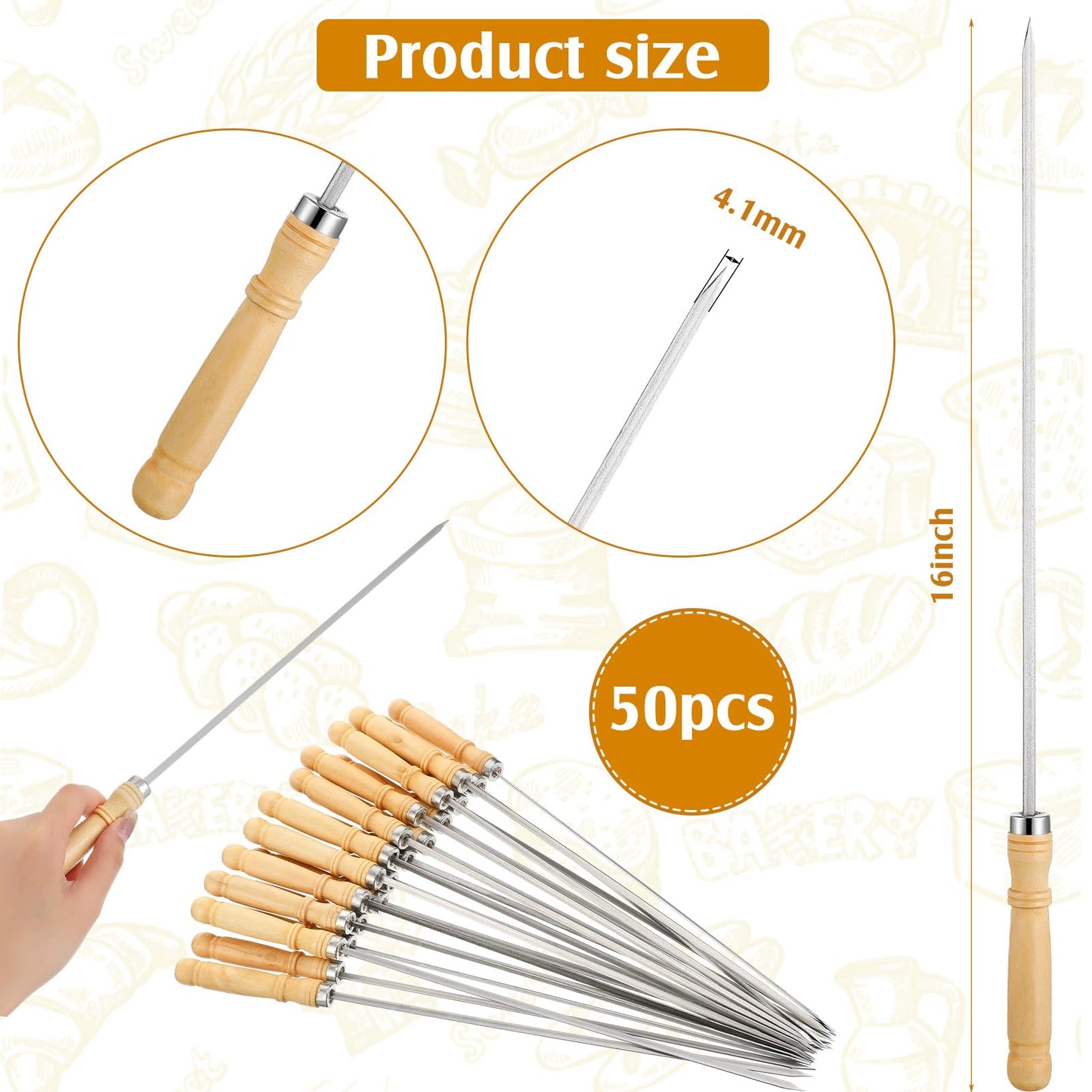 Minatee 16 Inch Kabob Skewer with Wood Handle for BBQ Camping Cookware Campfire Grill Cooking, Stainless Steel, Metal Skewers for Kabobs with Wood Handle (50 Pcs)