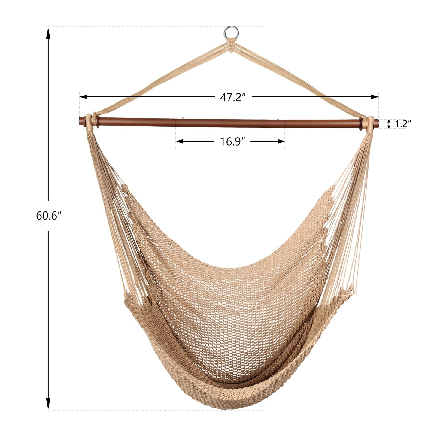 Upgraded Caribbean Hammock Chair with Detachable Metal Bar, Large Hammock Swing Chair, XL Rope Hanging Chair for Outdoor Indoor, 330 LBS Weight Capacity, Burlywood