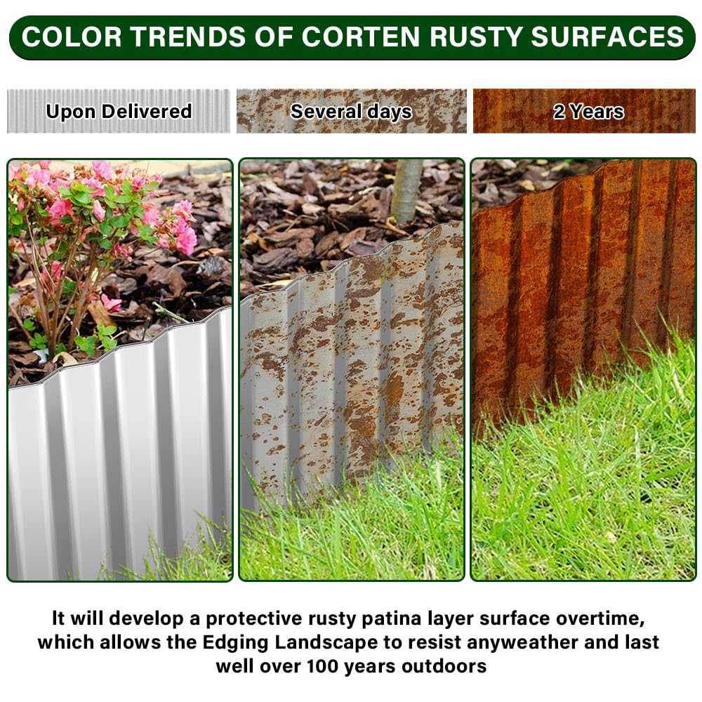 Gardenaire Corten Steel Corrugated Metal Garden Edging, 8"×50Ft Landscape Edging Border,Flexible Garden Edging Border for Perfect DIY Flower Beds,Lawn and Landscaping Borders