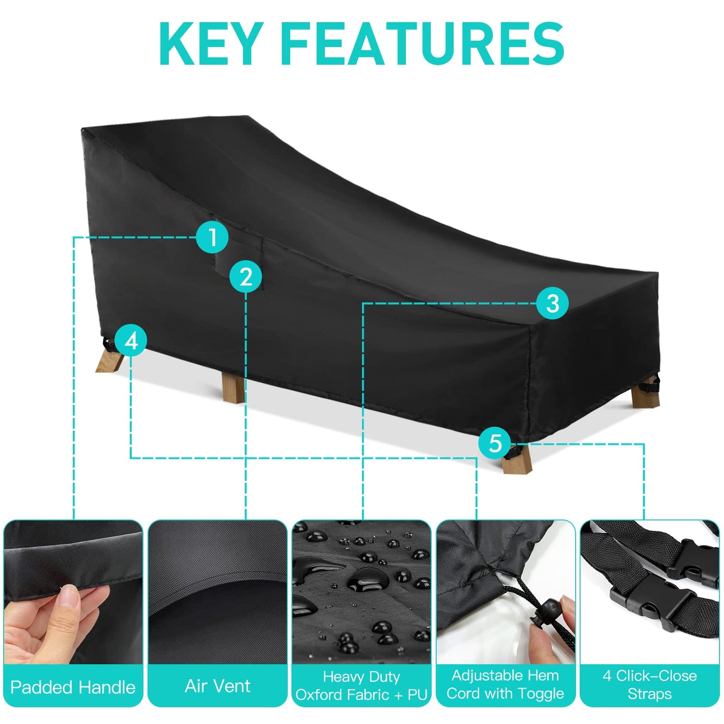 WLEAFJ Patio Chaise Lounge Cover Waterproof, Heavy Duty Outdoor Lounge Chair Covers, Black Durable Patio Furniture Covers, 70L x 32W x 30H inch - 2 Pack
