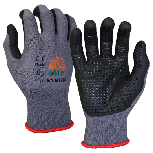WOLF Ultra-Thin Nitrile Foam Palm Coated Glove with Tacky Dot Grip, Multi Purpose (12, Medium)
