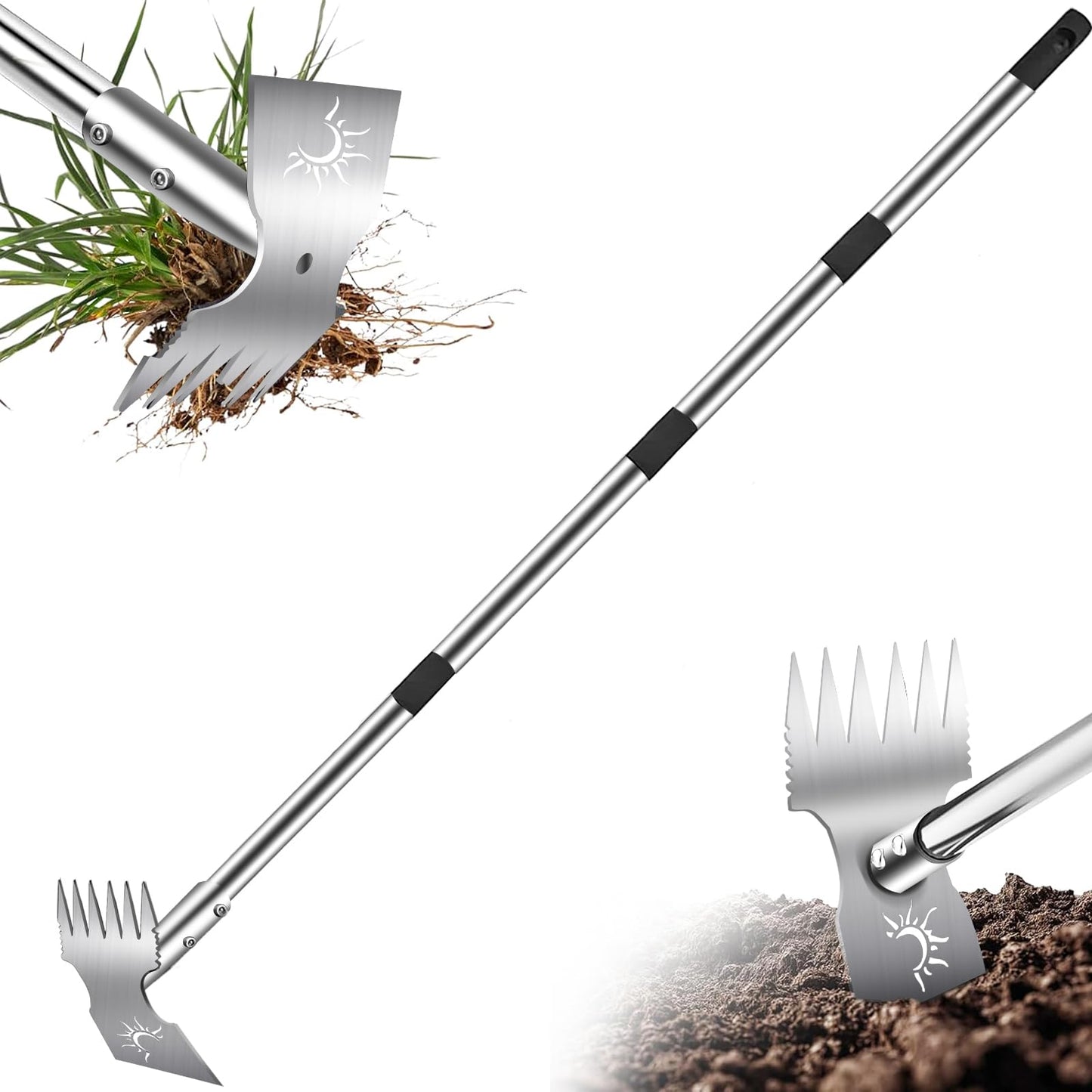 Weed Puller Tool with Long Handle, 60inch Manual Weed Puller Tool,2 in 1 Hand Weed Rake,Heavy Duty Garden Hoe,Uprooting Weeder Remover for Garden (Chrome(Stainless Steel), 60" Long Handle)