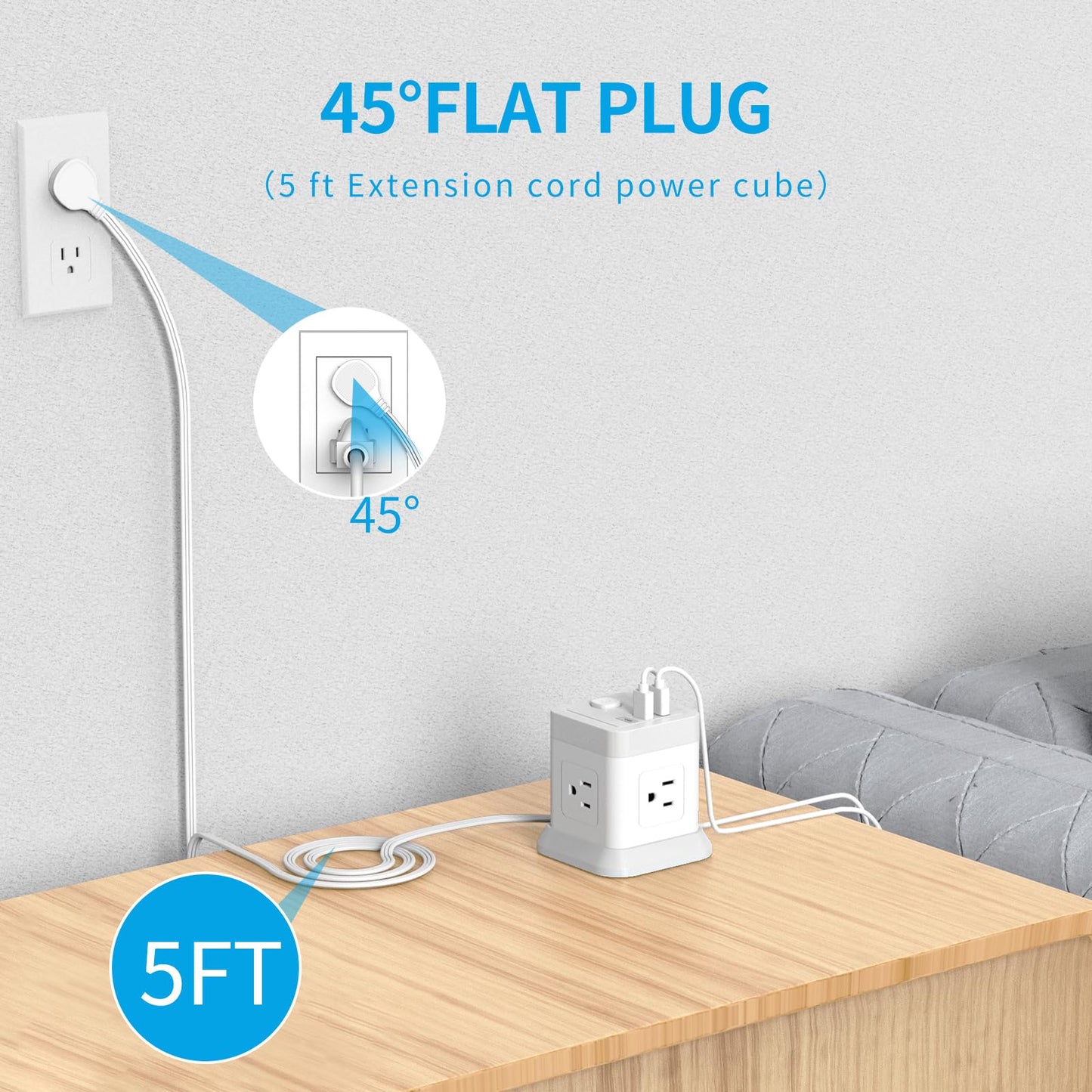 Power Strip with USB, FDTEK Flat Plug Extension Cord with 4 Outlets and 3 USB(1 USB C), 5 FT Power Cord Desktop Charging Station, Overload Protection, Compact Portable for Travel Home Office