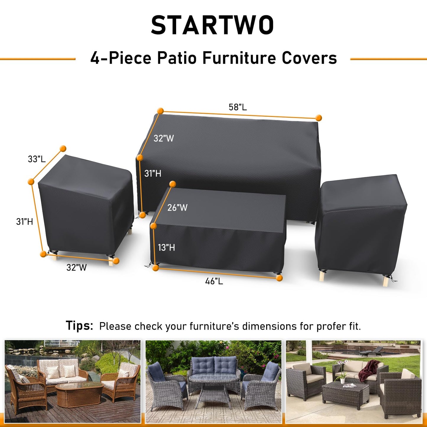 STARTWO Heavy Duty 600D Patio Furniture Covers 4-Piece Set for Loveseat, Chairs and Coffee Table, Outdoor Waterproof, Black
