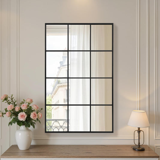 Anpark Windowpane Wall Mirror 24"x36" Black Wall Mounted Art Pane Mirror Farmhouse Decorative Mirror Leaning Hanging Wall Mirror for Bedroom Living Room Entrance Hallway Wall Decor