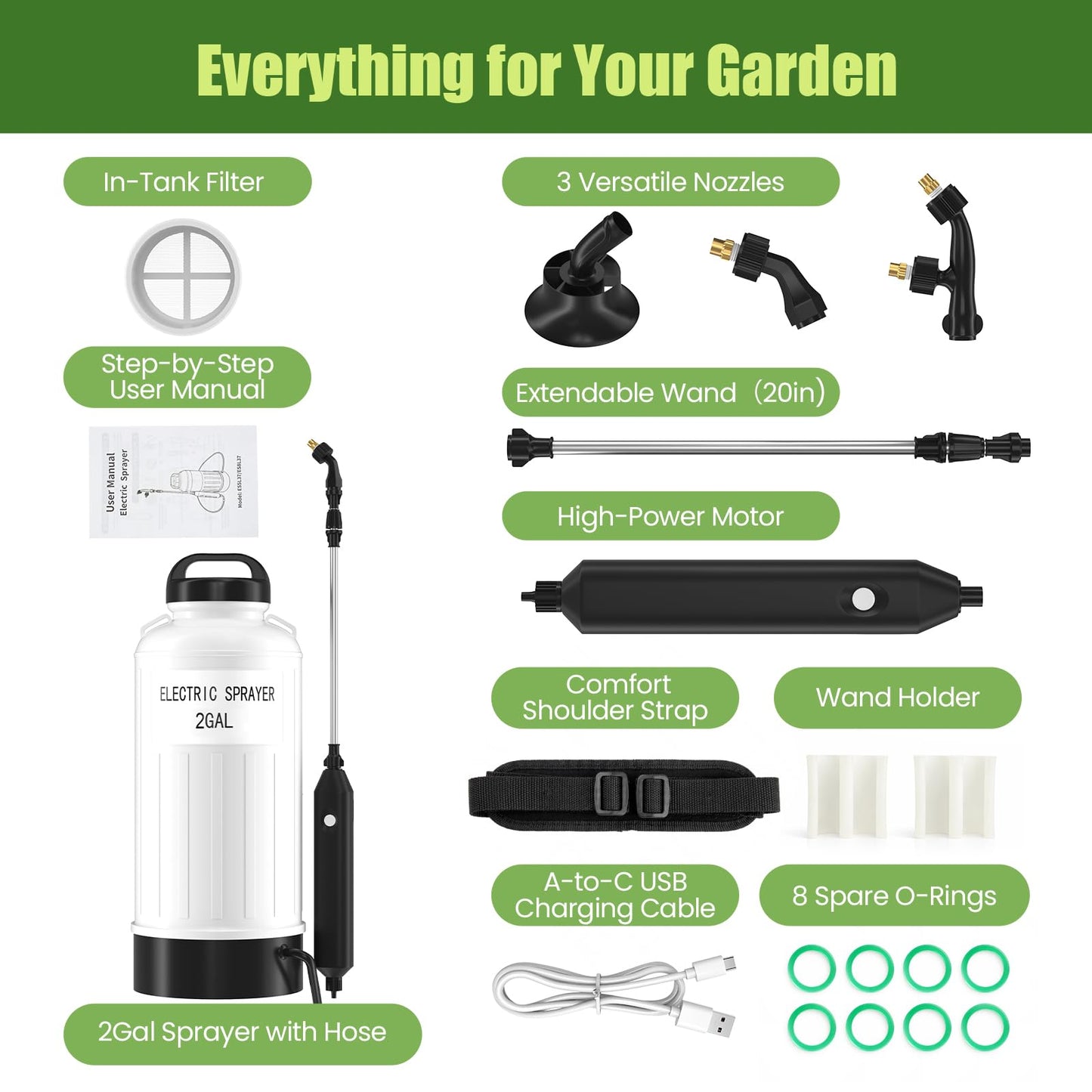 BUDSTR Electric Battery Powered Sprayer 2 Gallon, USB Rechargeable 3.7V, Leak-Proof Retractable Wand, 3 Nozzles, 3-Hour Runtime and Adjustable Shoulder Strap for Lawn, Garden and Plant Care