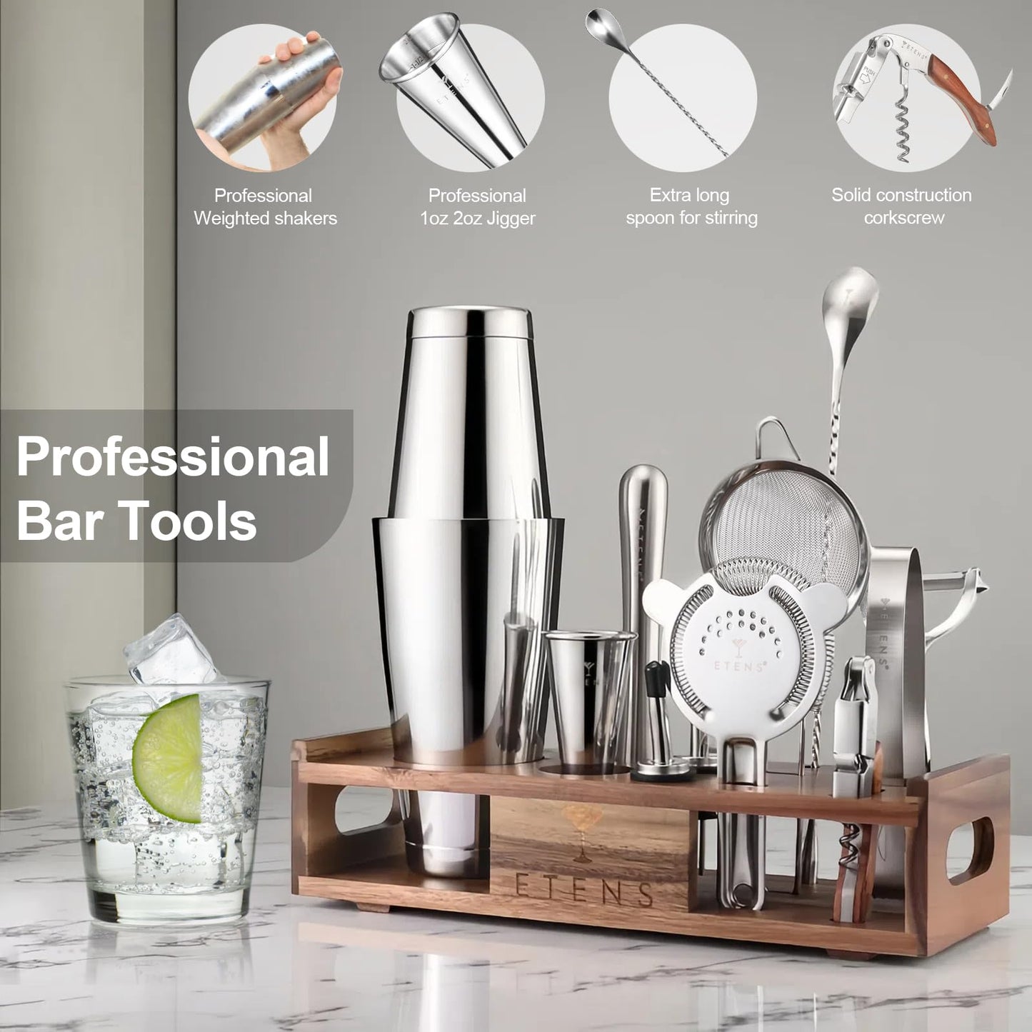 Premium 15-Piece Mixology Bartender Kit – Stainless Steel Cocktail Shaker Set with Wooden Stand | Professional Boston Shaker Bar Tool Set for Home & Expert Mixologists | Luxury Cocktail Making Gift