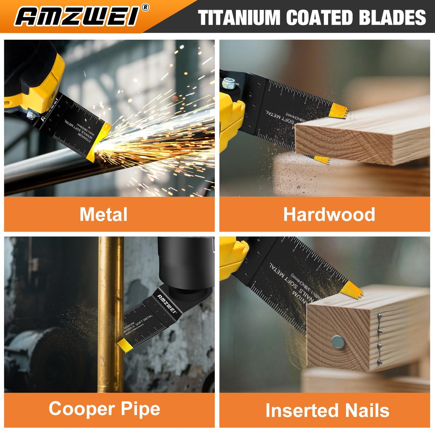 AMZWEI 100Pcs Oscillating Tool Blades, Professional Universal Oscillating Saw Blades Wood Metal Cutting, Multitool Blades Compatible with Dewalt, Milwaukee, Dremel, Ryobi, Bosch