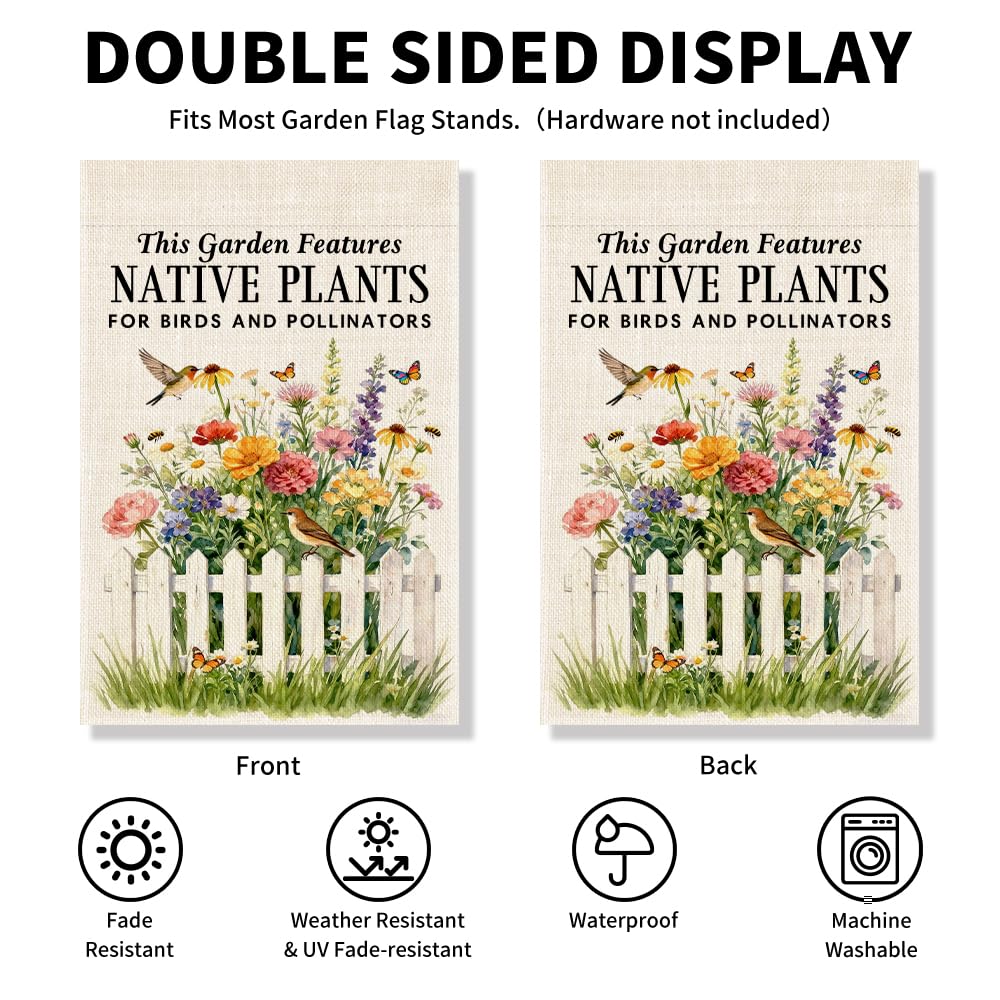 Vgrti This Garden Features Native Plants for Birds and Pollinators Garden Flag, Pollinator Friendly Yard Sign, Gardening Flag Gifts for Hummingbird Lovers, Welcome Yard Farmhouse Spring Outdoor Decor